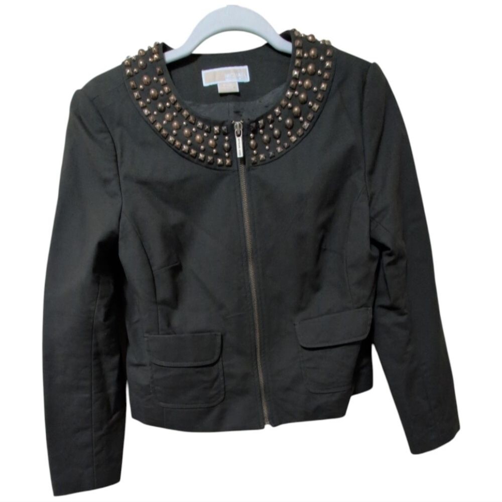 Michael Kors studded olive green moto jacket size Medium blazer embellished
